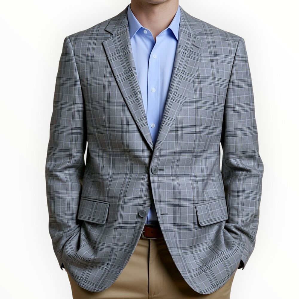 BARONI Mens 38r Blazer Sport Coat Gray Plaid Jacket Ethomas Italian Silk/Wool